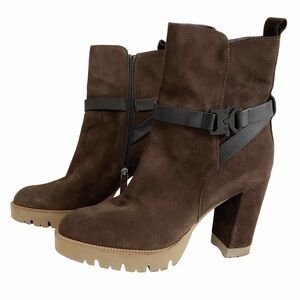 LA CANADIENNE BROWN SUEDE BLACK LEATHER STRAP CHUNKY TAN HEELED BOOTIES - 41